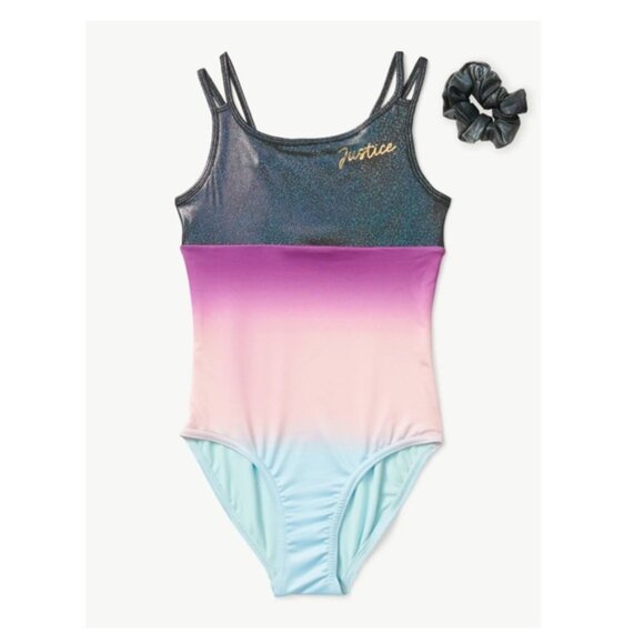 NEW 2Pc 12-14 (L) Girls Ombre Macrame Back Leotard w/ Matching Hair Scrunchie - Picture 1 of 6